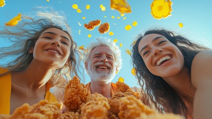 Wall Mural - A wide-angle shot of a multicultural group enjoying fried chicken together. Each person, from young to elderly, is captured mid-bite with expressions of delight. Fried chicken batter flakes fly in