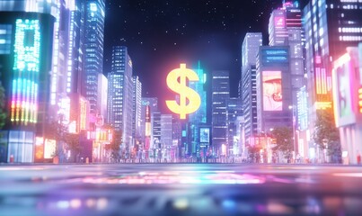 Vibrant cityscape at night featuring a glowing dollar sign, showcasing urban life and neon lights in a financial hub.