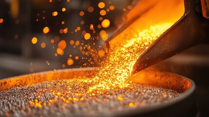 Molten metal pouring from a ladle, creating a stunning display of sparks and warmth in a foundry workshop setting.