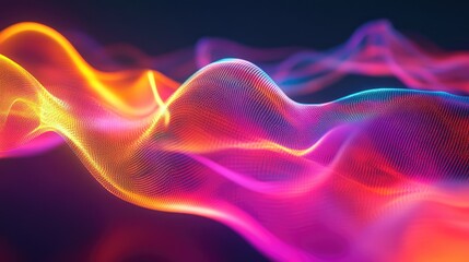 Wall Mural - Abstract representation of sound waves visualized as bright, flowing neon curves.