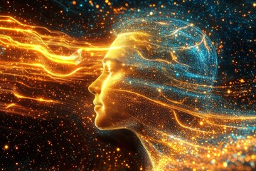 Poster - Abstract glowing profile of a woman with streaming neural energy symbolizing the flow of ideas thought and mental creativity in a vibrant futuristic form