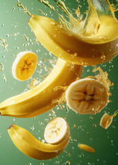 Wall Mural - A banana with several slices flying in the air, splashing juice on a green background.