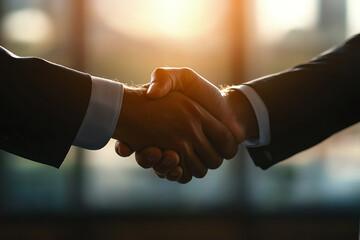 A close-up view of two hands shaking in a professional setting, symbolizing agreement, partnership, and collaboration.