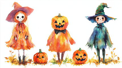 Charming watercolor illustration of Halloween characters, including a pumpkin figure and playful witches with autumn pumpkins.