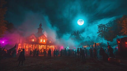 A spooky night scene with a crowd at a haunted house, illuminated by colorful lights and a full moon.