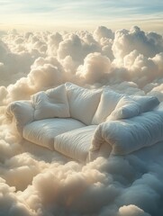 Cozy and Soft white sofa on fluffy clouds. Relaxing background concept. 