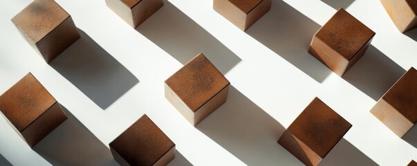 Abstract pattern with brown cubes casting shadows on white background