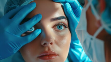 Wall Mural - Cosmetic surgery, beauty, Surgeon or beautician touching woman face, surgical procedure that involve altering shape of eye, medical assistance, eyelid surgery, double eyelid, big eyes, ptosis