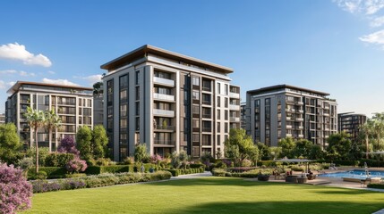 Wall Mural - Modern apartment buildings with a swimming pool and lush green lawn in front of them.