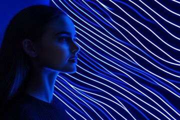 Canvas Print - Woman against a backdrop of glowing blue lines symbolizing technology energy and the flow of ideas in a conceptual and futuristic form