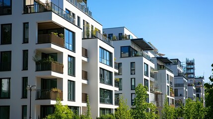 Wall Mural - Modern apartment buildings with white facade and balconies, sunny day.