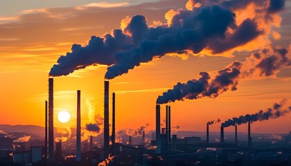 Wall Mural - Industrial sunrise highlighting the contrast between smoke-emitting chimneys and the emerging day, reflecting the interplay of industry and nature.