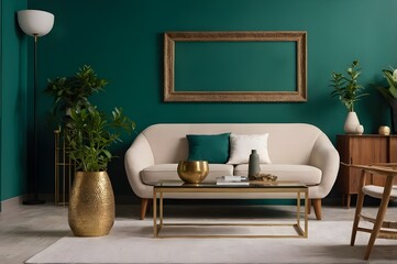 Modern living room with a white sofa against a dark green wall. The sofa has two green pillows and a gold coffee table in front of it. On the coffee table.