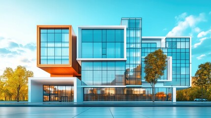 Wall Mural - Modern office building with glass facade and geometric design.