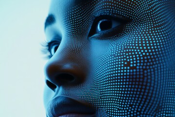 Poster - Profile of a woman against a backdrop of flowing blue lines symbolizing technology energy and the fluid nature of thought in a conceptual futuristic form