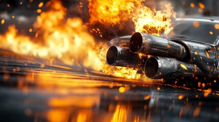 Wall Mural - A custom car's exhaust emits intense flames while the engine roars during a thrilling drag race, showcasing the metallic body reflecting the fiery glow with dramatic flair