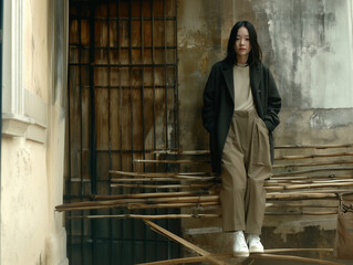 A young woman in a soft, eco-friendly outfit—sage green oversized shirt and wide-legged beige trousers. She accessorizes with a canvas tote and white chunky sneakers in a clean urban setting.