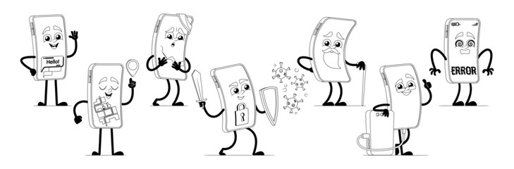 Wall Mural - set of black and white cartoon smartphone characters depicting different moods and activities symbol