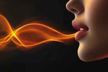 Abstract profile of a woman with flowing orange energy waves symbolizing communication thought and the exchange of ideas in a vibrant conceptual form