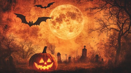 Halloween Jack-o'-lantern in a spooky cemetery with a full moon and bats.