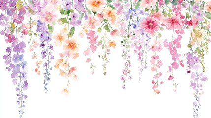 This vivid watercolor floral pattern showcases a stunning array of spring flowers in a variety of beautiful colors, making it an excellent choice for decoration in any space, adding charm