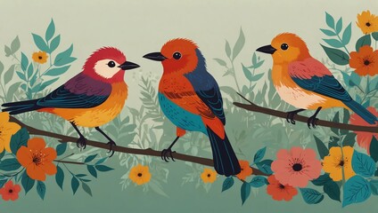 Wall Mural - Bright, cute summer birds in vector style, ideal for postcards and banners.