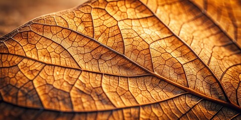 Autumn dried leaf closeup with natural veins texture, warm monochrome color, and low depth of field , Fall, dried