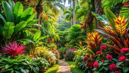 Lush tropical garden with vibrant foliage and blooming flowers, tropical, garden, plants, vibrant, foliage, flowers, lush