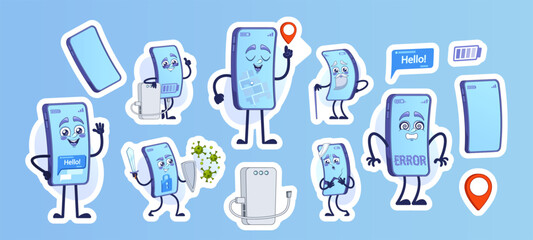 Wall Mural - set of vibrant stickers featuring smartphone character with varied expressions and actions. cartoon 