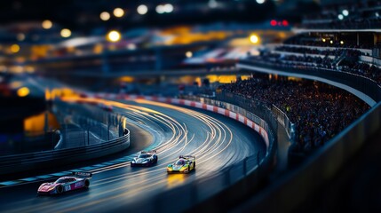 Wall Mural - Touring cars navigate sharp curves on a dark tarmac circuit as bright colors blur against the surface, with grandstands packed with excited fans under the evening sky