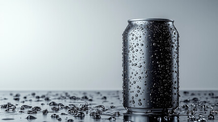 Wall Mural - A cold, condensation-covered aluminum can sits on a reflective surface.