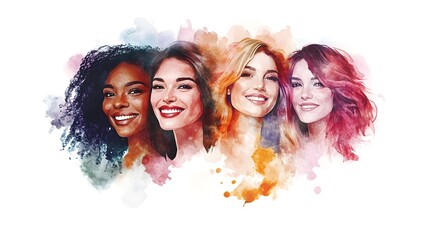 Wall Mural - A group of women from diverse ethnicities are smiling, showcasing diversity and the beauty in different skin tones