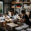 © SSTC AI Photo&Video - A woman organizes and prepares multiple packages for shipping in a home office setting, surrounded by boxes and shipping labels.