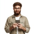 © Ruby Stock - young man student hipster blogger glasses hold modern smart phone smile at screen read text message talk group chat shoot vlog selfie use skype call isolated white studio background
