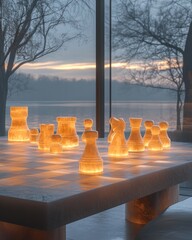 Wall Mural - Illuminated chess set on a table by a scenic lakeside at dusk.