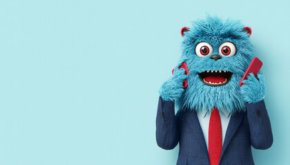 a fluffy blue monster in business suit is joyfully making phone calls, showcasing playful and whimsi