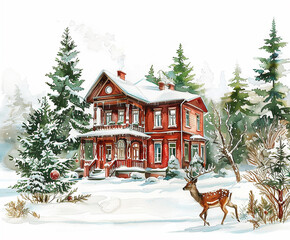 Sticker - A red house with a white roof and a white chimney. A deer is walking in front of the house