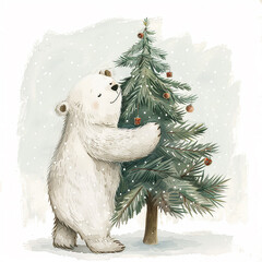 Canvas Print - A bear is hugging a Christmas tree. The bear is surrounded by many ornaments on the tree