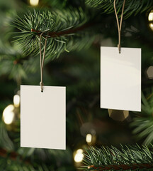 Poster - Two white cards hanging from a Christmas tree. The cards are empty and have no writing on them