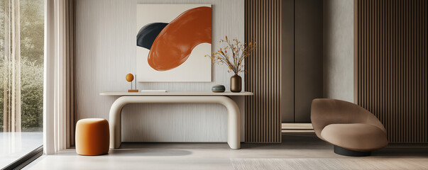 Modern Console Table with Abstract Art Decor. A sleek modern console table with an artistic touch. The curved design and neutral colors create a minimalist and sophisticated look,