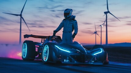 Wall Mural - A driver steps out of a sleek electric race car, celebrating after a successful lap. Wind turbines spin in the background as dynamic blue LED lights illuminate the track