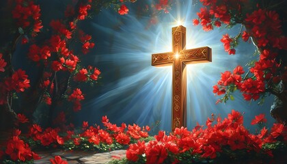 Illuminated cross in a serene worship space adorned with red flowers, embodying faith and spirituality