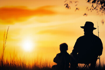 Canvas Print - Dad And His Son Fishing At Sunset