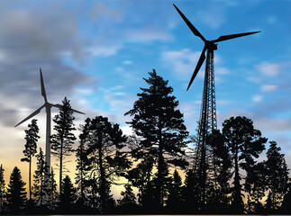 Wall Mural - wind power generator two silhouettes in forest landscape