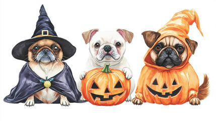 Three adorable dogs in Halloween costumes with pumpkins, perfect for seasonal decorations and pet-themed designs.