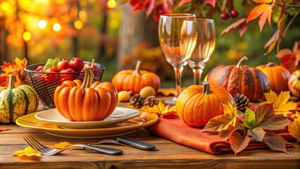 Wall Mural - Autumnal Thanksgiving table setting with vibrant fall colors, Autumn, Thanksgiving, table setting, fall colors, harvest