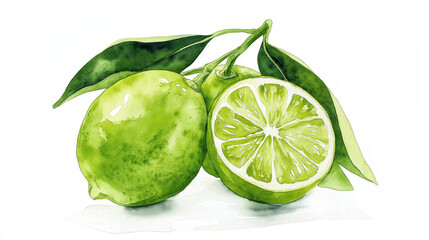 Fresh green lime with vibrant leaves, showcasing a cut lime, perfect for culinary and beverage themes.