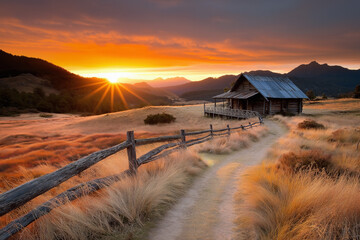 Canvas Print - Farm At Sunset