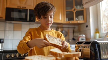 teenage boy cooking in the kitchen, holding bread slice in hand making toasts in toaster for snack preparing family breakfast or lunch alone at home.