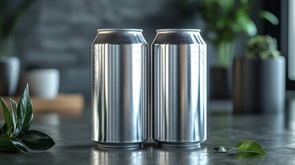 Wall Mural - Two silver cans on a table with green leaves.